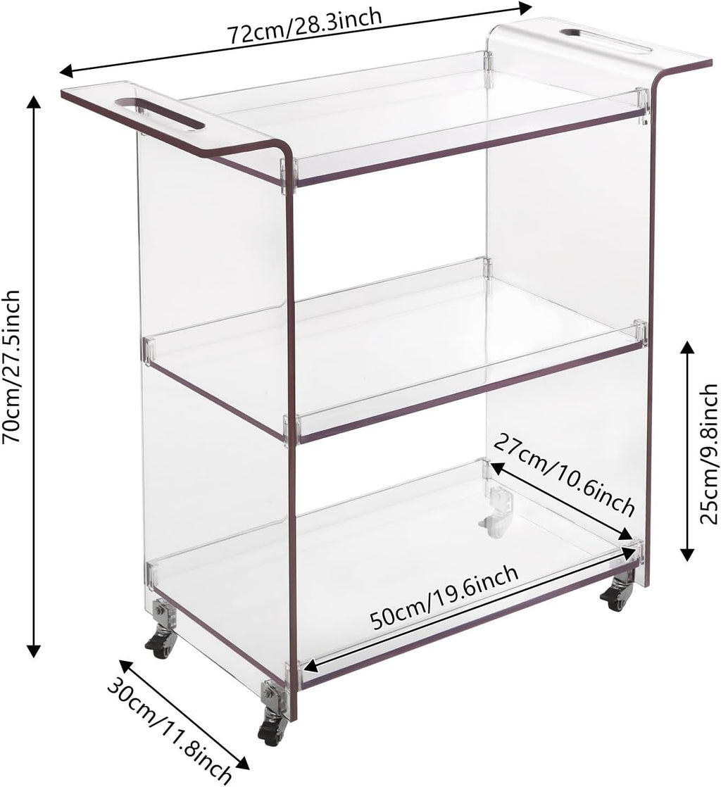 3-Tier Rolling Utility Cart with Wheels, 28×11.8×28.7In PC Rolling Serving Cart, Freestanding Trolley for Homes, Bars, Cafes