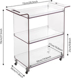 3-Tier Rolling Utility Cart with Wheels, 28×11.8×28.7In PC Rolling Serving Cart, Freestanding Trolley for Homes, Bars, Cafes
