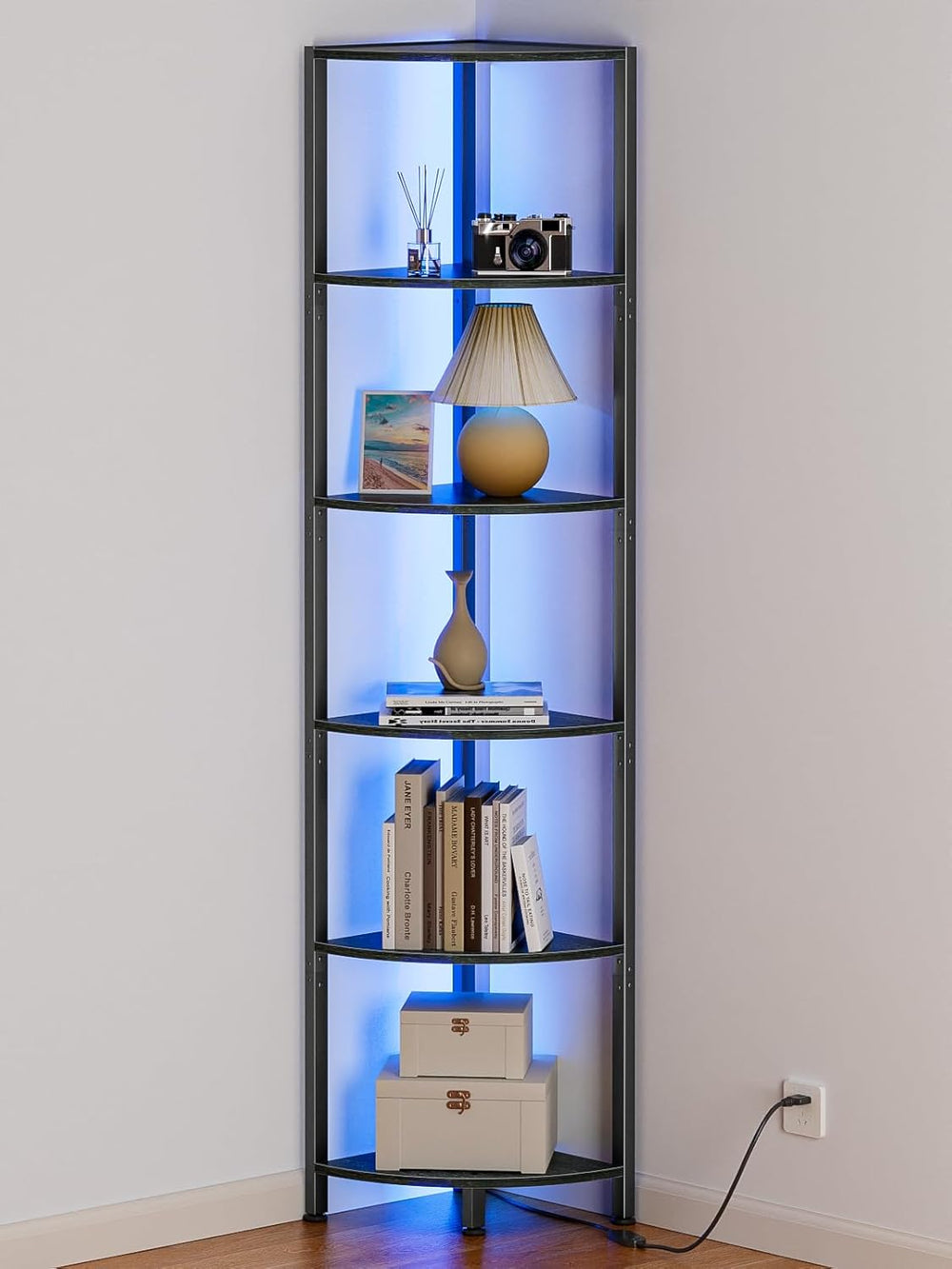 Furnulem 6 Tier Corner Shelf with LED Light, 67.5" Black Narrow Bookshel...