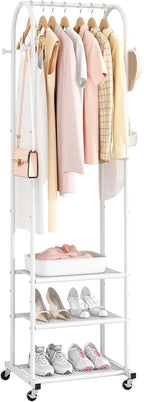 Heavy Duty Clothing Rack with Wheels,Modern Garment Rack with 3 Metal Shelves, 71.8Inches Display Rack for Hanging Clothes, Hanging Rod for Small Spaces,White