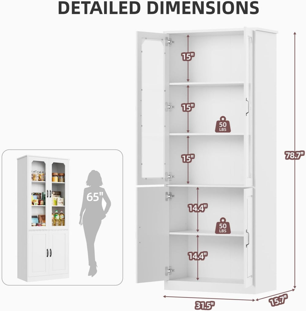 White Kitchen Pantry Cabinet, 78.7" Tall China Cabinet with Glass Doors ...