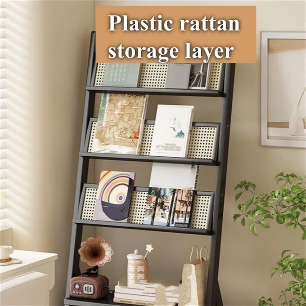 5-Tier Wooden Ladder Shelf with Rattan-Like Design, Large Capacity Open Bookshelf, Floor Magazine Display Stand for Living Room, Office, Library(Color:Natural)