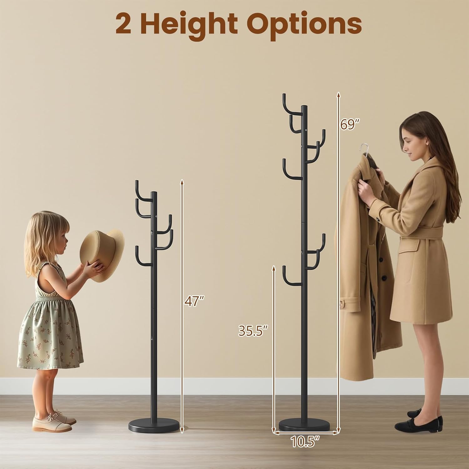 Giantex Heavy-Duty Coat Rack Freestanding, 69" Metal Cactus Clothes Stand with 8-Hook & 2 Height Options, Weight Base, Modern Coat Tree Hanger Stand for Bags, Purse Hat Rack Entryway, Bedroom, Office
