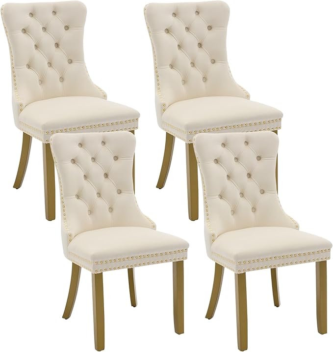 Velvet Dining Chairs Set of 4, Kitchen & Dining Room Chairs, Upholstered Dining Chairs with Back Ring Pull and Golden Solid Wood Legs, Modern Tufted Kitchen Chairs for Dining Room, Cream