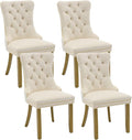 Velvet Dining Chairs Set of 4, Kitchen & Dining Room Chairs, Upholstered Dining Chairs with Back Ring Pull and Golden Solid Wood Legs, Modern Tufted Kitchen Chairs for Dining Room, Cream