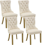 Velvet Dining Chairs Set of 4, Kitchen & Dining Room Chairs, Upholstered Dining Chairs with Back Ring Pull and Golden Solid Wood Legs, Modern Tufted Kitchen Chairs for Dining Room, Cream