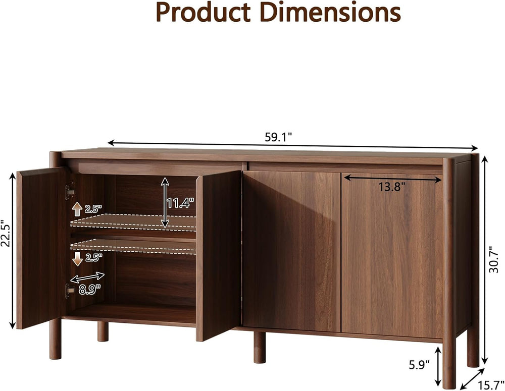 59" Wide Walnut Buffet Cabinet Storage,4 Doors and Adjustable Shelves,So...
