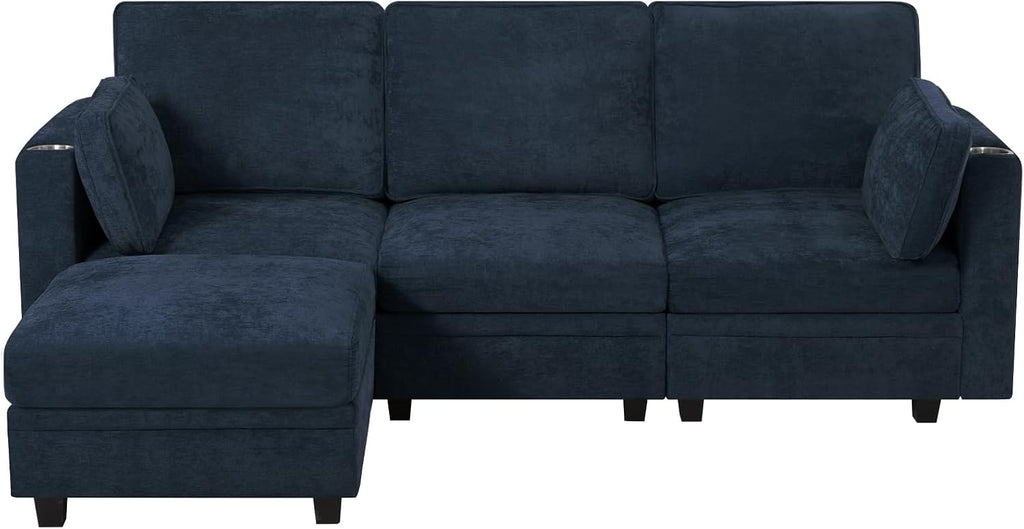 86" Chenille L-Shape Sofa w/& Adjustable Backrests, Blue | Upholstery 3-Seats Sofa w/Movable Storage Ottomans & Cup Holders, Modern Sectional Couch w/Charging Ports for Living Room