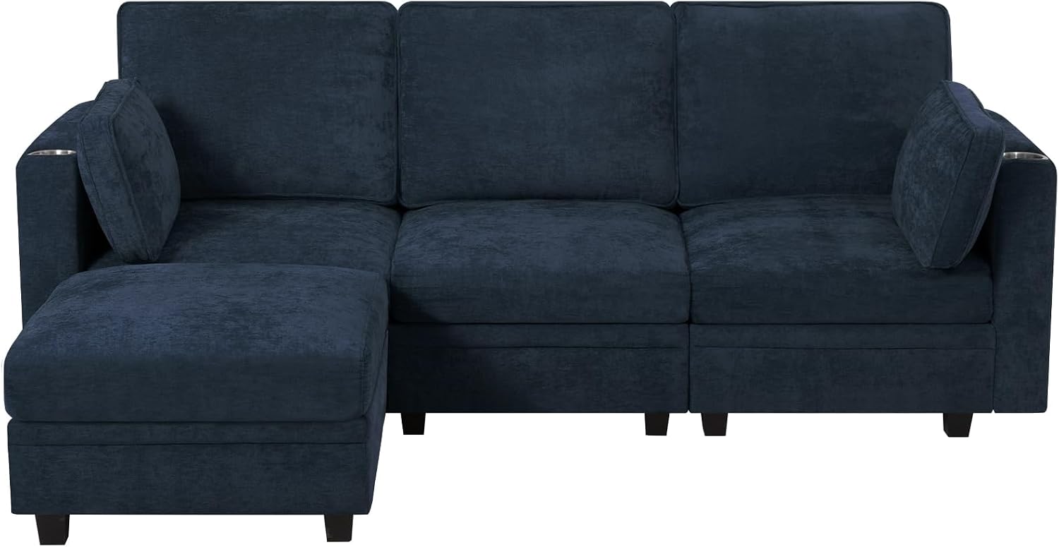86" Chenille L-Shape Sofa w/& Adjustable Backrests, Blue | Upholstery 3-Seats Sofa w/Movable Storage Ottomans & Cup Holders, Modern Sectional Couch w/Charging Ports for Living Room