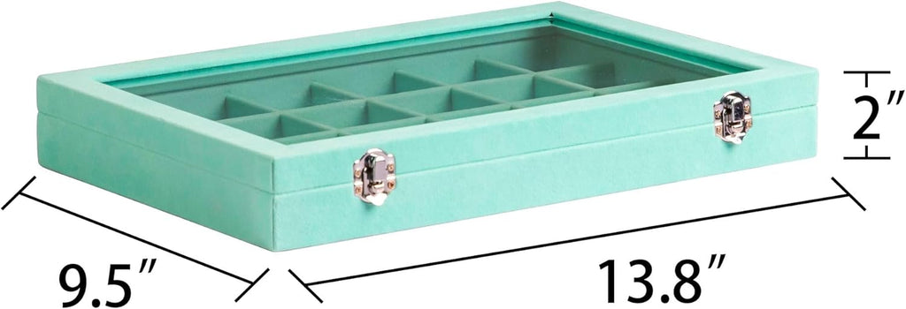 Frebeauty Velvet Jewelry Tray,24 Grid Jewelry Organizer with Clear Lid,Earring Holder Organizer with Clasp,Drawer Insert Rings Pendants Brooches,13.8 x 9.5 x 2 Inches,Gift for Women Girls(Turquoise)