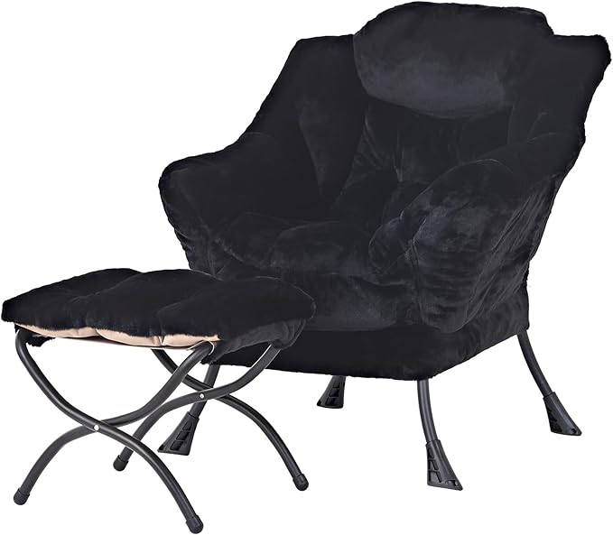 Tiita Lazy Chair with Ottoman, Modern Large Accent Lounge Armchair, Comfy Leisure Sofa Reading Chair with Footrest for Bedroom, Living Room, Dorm Rooms, Garden and Courtyard, Plush Black