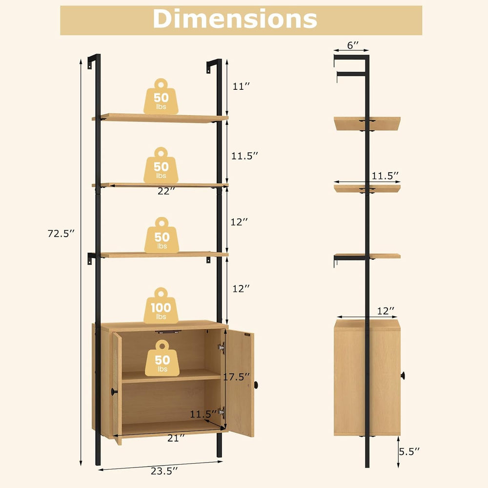 GIANTEX 72.5" Ladder Bookshelf with Cabinet, 6-Tier Tall Wall Mounted Bo...