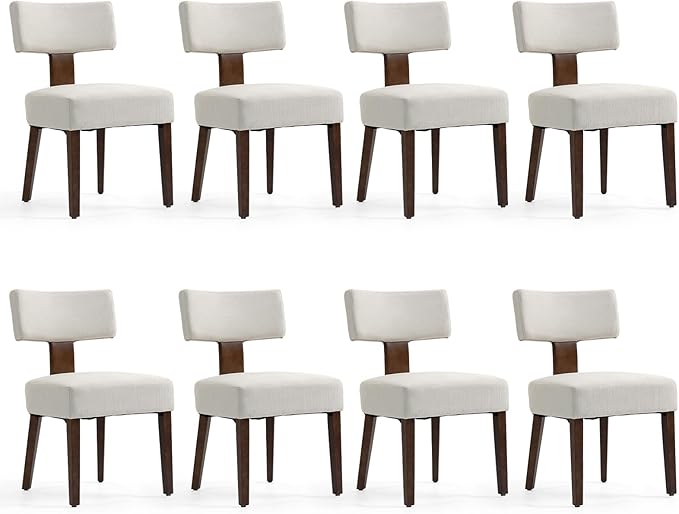 Dining Chairs Set of 8, Fabric Upholstered Wood Kitchen Chairs, Armless Linen Curved Backrest Accent Chair Farmhouse Modern Dining Chairs with Foot Pad for Kitchen/Living Room/Restaurant/Cafe-Beige