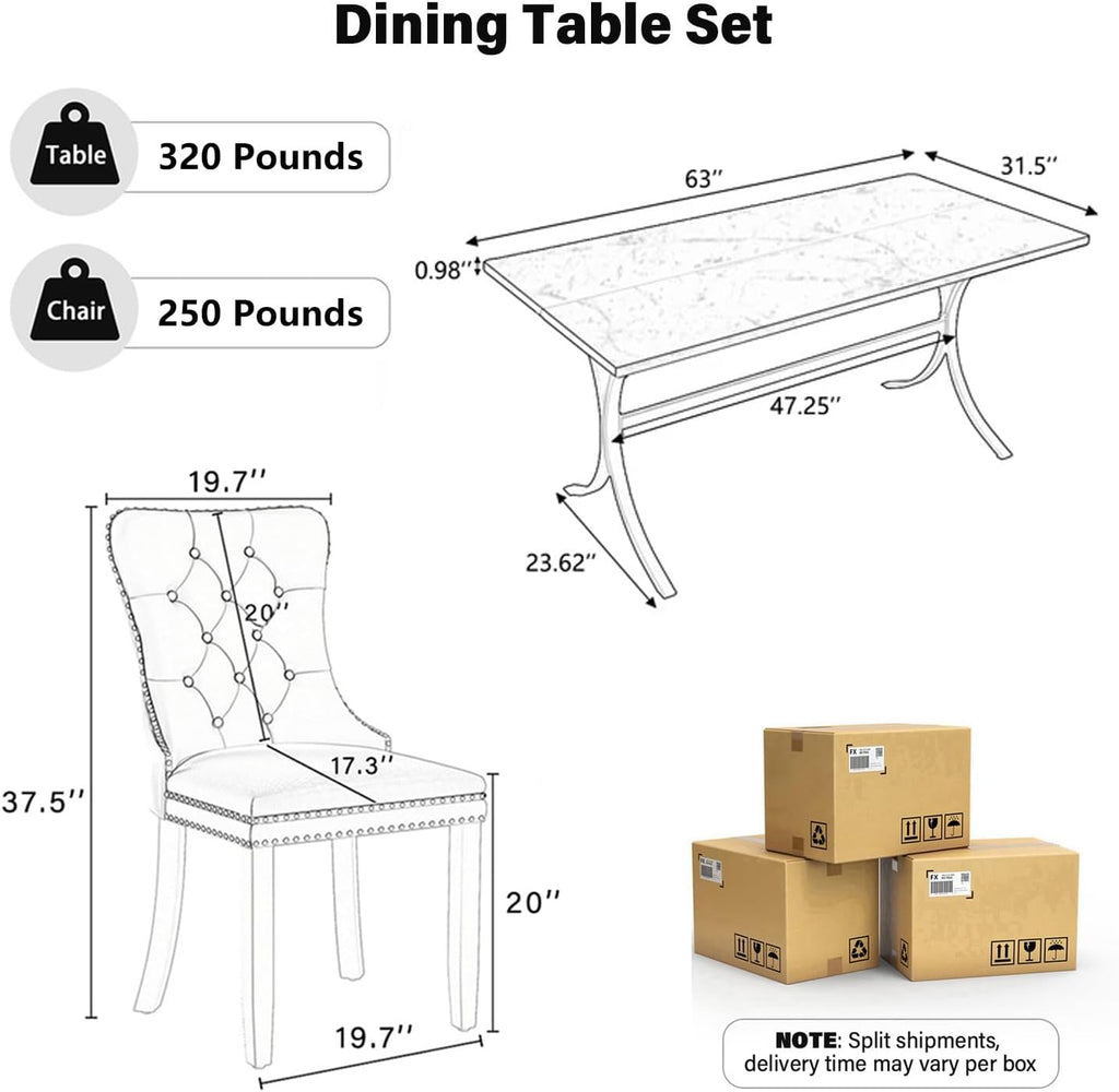 7-Piece Modern Dining Table Set, 63" Rectangular Black Faux Marble Dining Table with Curved Metal Legs and 6 Gray Velvet Upholstered Dining Chairs with Solid Wood Legs, Kitchen Furniture