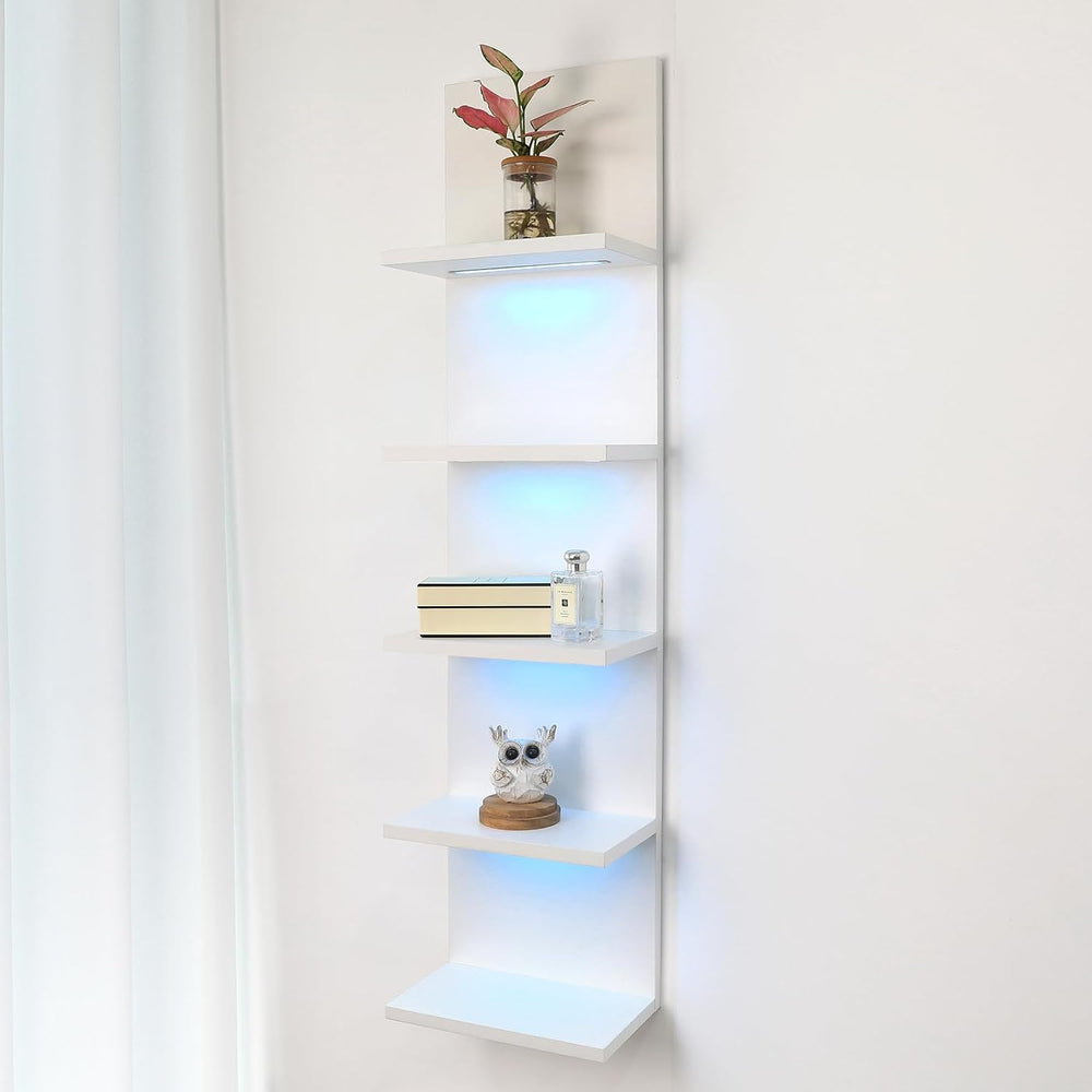 5 Tier Wall Shelf Unit, White, RGB Lack Shelf with Light