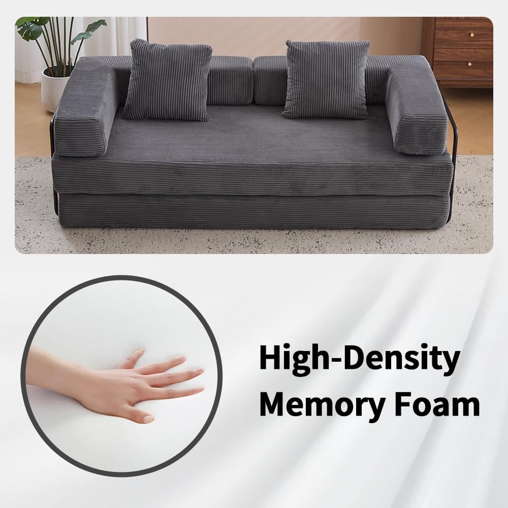 ZEIINPA Convertible Floor Sofa Bed with Fixed-Shape Frame, Modular Corduroy Folding Mattress Couch with Armrest, Floor Sofa Lounge Couch for Living Room Bedroom Lounge Studio,Dark Gray
