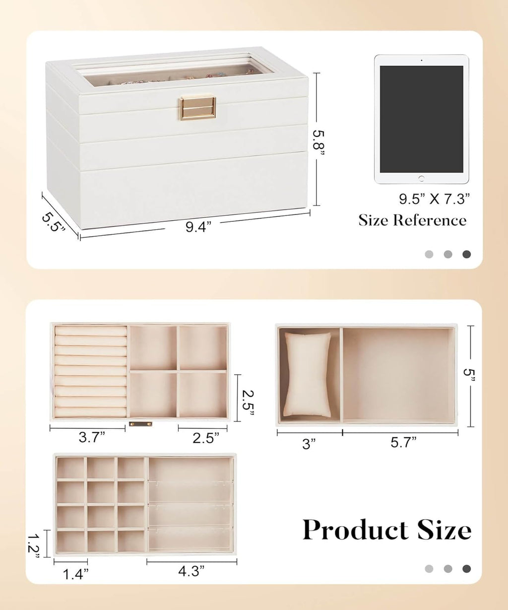 Homde Jewelry Tray Stackable Jewelry Box with Glass Lid, Removable Dividers for Vanity Table - Christmas Gift Idea for Girls and Women (White)