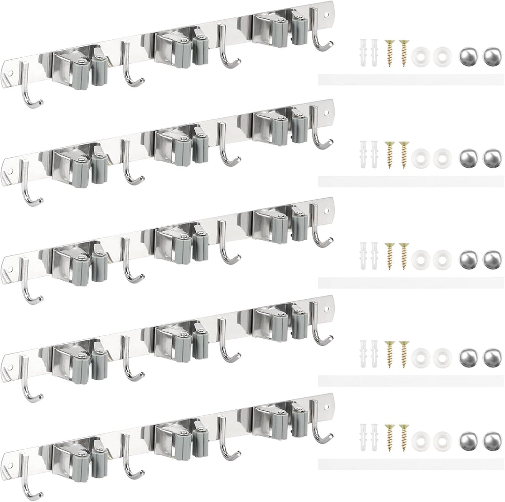 5 Pack Broom Holder Wall Mount 3 Racks 4 Hooks Stainless Steel Broom Mop Holder Anti Slip Storage Rack Strong Load Bearing Waterproof Broom and Mop Organizer Wall Hanging for Bathroom Kitchen Garage