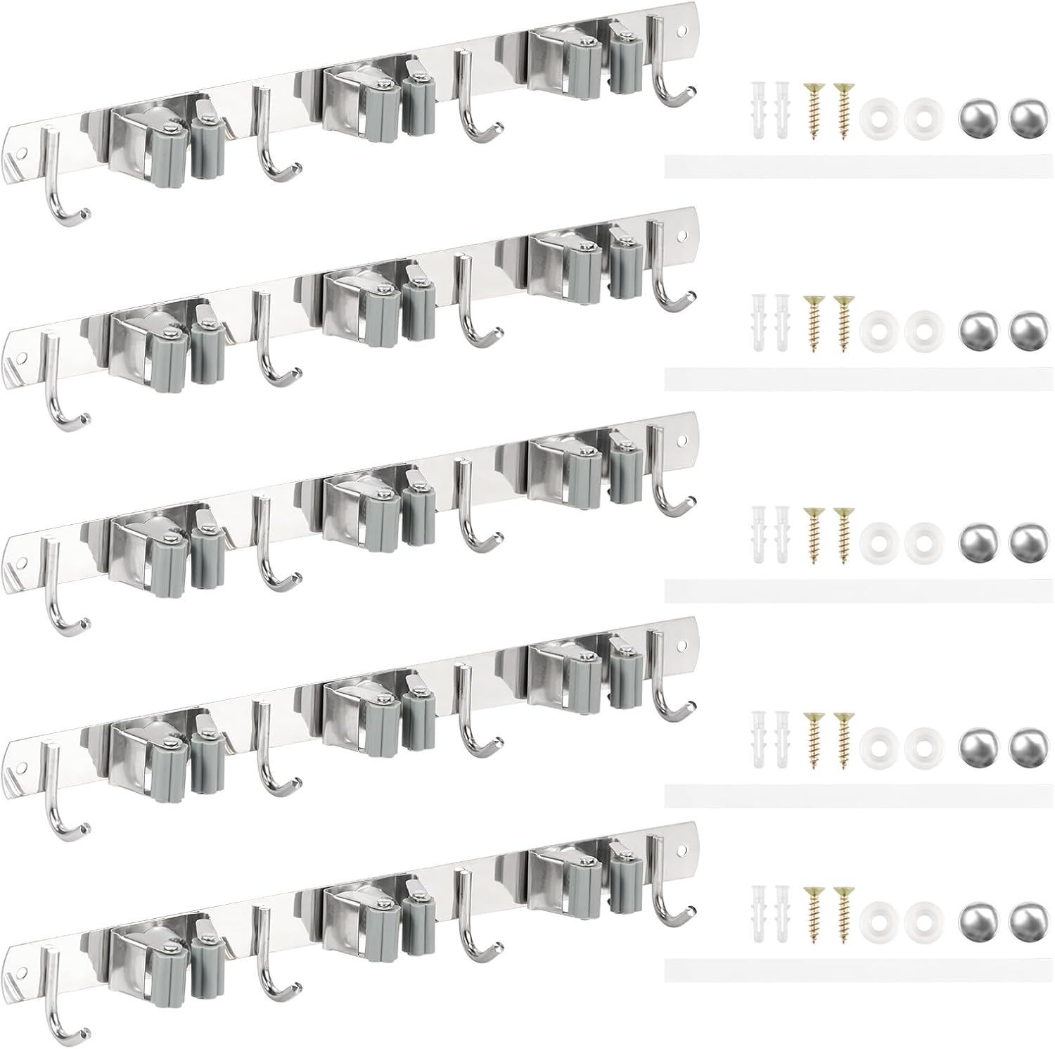 5 Pack Broom Holder Wall Mount 3 Racks 4 Hooks Stainless Steel Broom Mop Holder Anti Slip Storage Rack Strong Load Bearing Waterproof Broom and Mop Organizer Wall Hanging for Bathroom Kitchen Garage