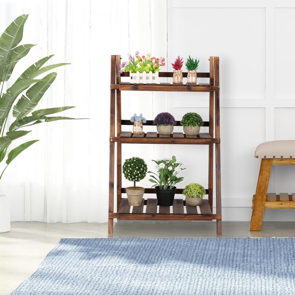 Yaheetech Wooden Plant Stand, 3 Tier Plant Stand, Foldable Ladder Shelves | Ladder Plant Stand & Outdoor Plant Shelf with Wall-Leaning Design for Living Room, Bedroom, Balcony or Patio; Simple Assembly