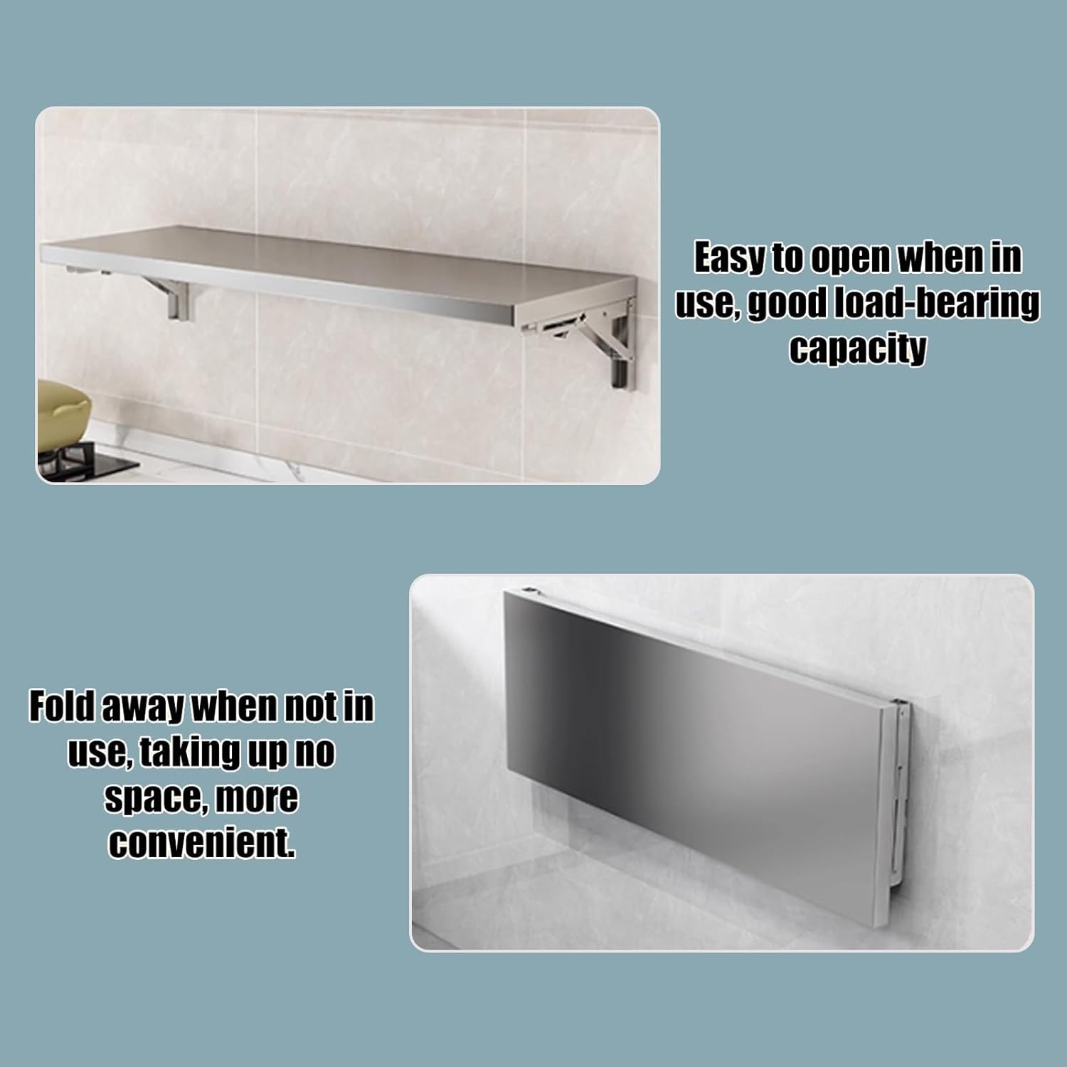 304 stainless steel folding table, wall-mounted folding table, kitchen storage shelf, made of food-grade stainless steel material, suitable for living room, balcony, bathroom, or laundry room.(100*30c