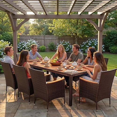 Devoko 9 PCS Acacia Wood Patio Dining Set, Brown Rattan