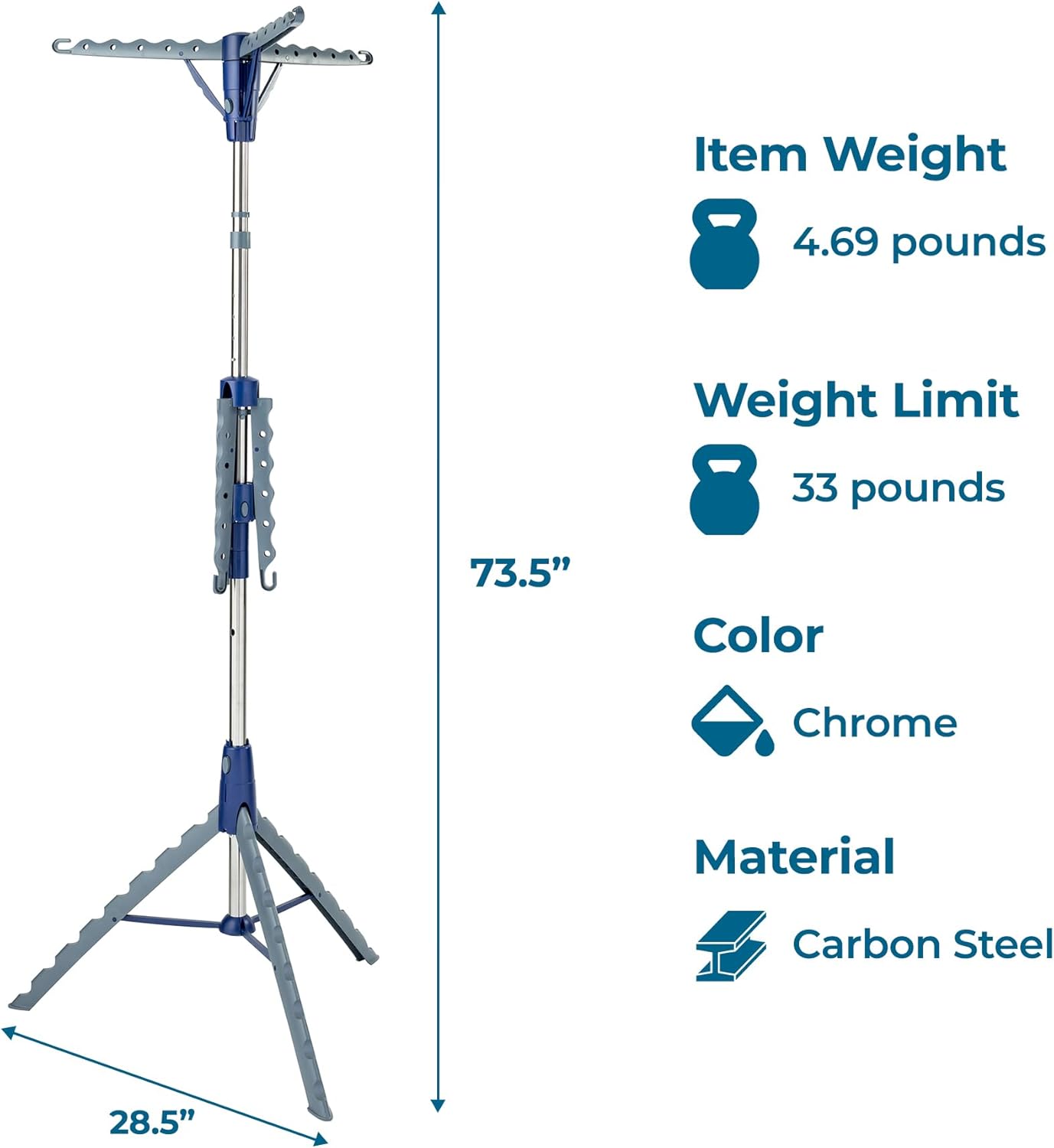 Honey-Can-Do 2-Tier 73-Inch Collapsible Tripod Drying Rack, Heavy Duty Chrome Steel Laundry Stand, Holds 30 Garments, Portable Foldable Indoor Outdoor Clothes Drying Rack