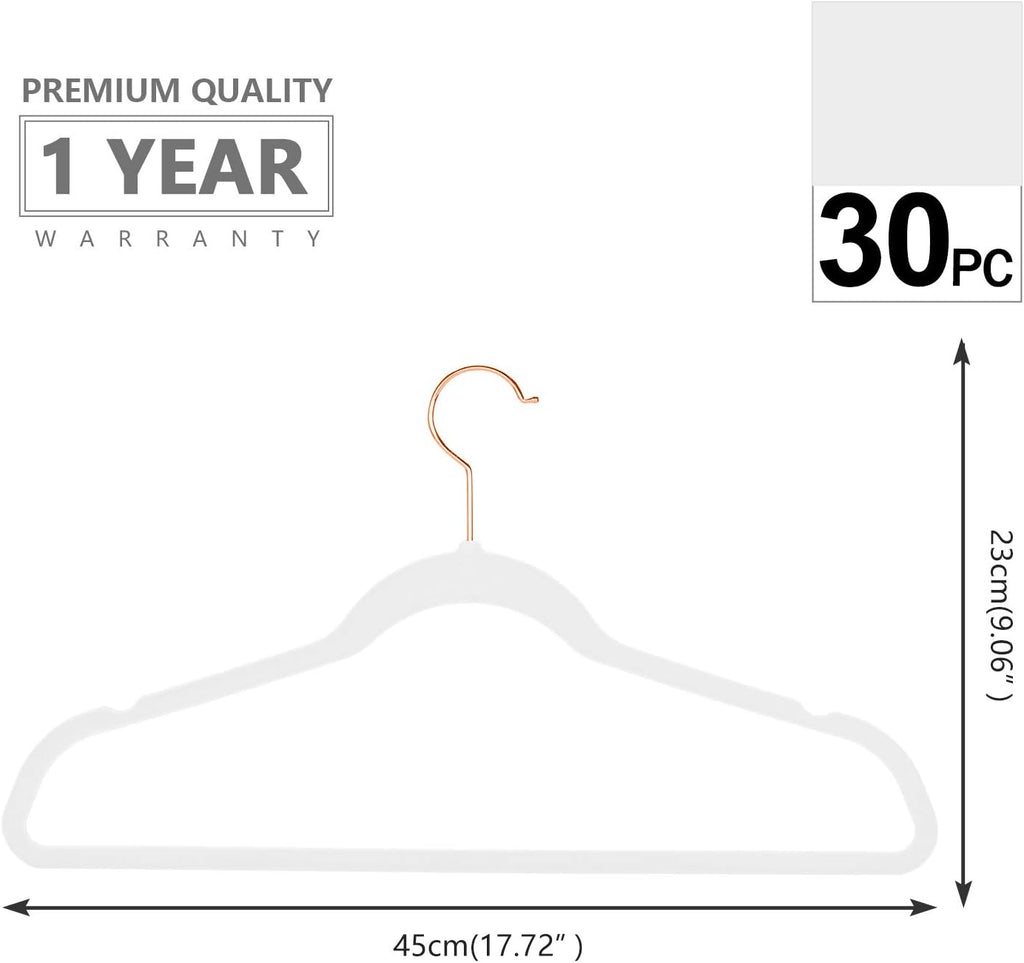 MIZGI Premium Velvet Hangers (30 Pack) Heavy Duty - Non Slip Velvet Suit Hanger White - Copper/Rose Gold Hooks,Space Saving Clothes Hanger (White)