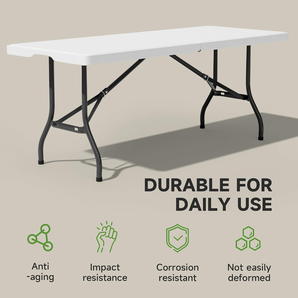 6 Foot Folding Table with Black Table Cloth - Heavy Duty 600LBS Capacity, Foldable Design with Safety Lock - Portable Folding Tables for Camping, Party, Indoor & Outdoor Use, 1 Pack