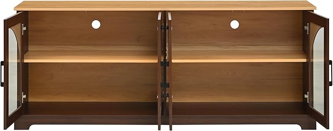 Farmhouse TV Stand with Adjustable Shelves for TVs up to 70'', Entertainment Center with Semi-Arched Glass Doors, Wood Grain Sideboard with Cable Management for Living Room, Walnut