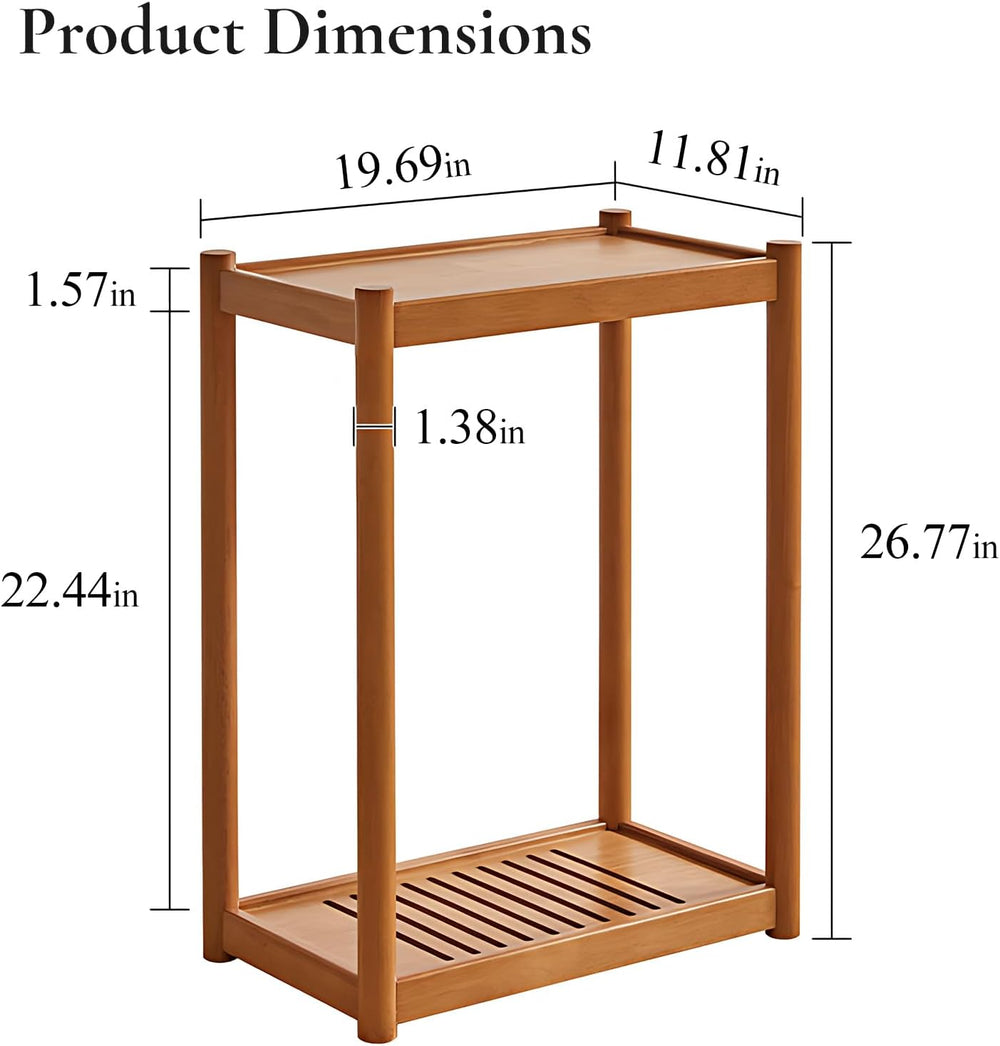 Side Table, Solid Wood Narrow End Table with Storage Shelf and Wheels, 2-Tier...