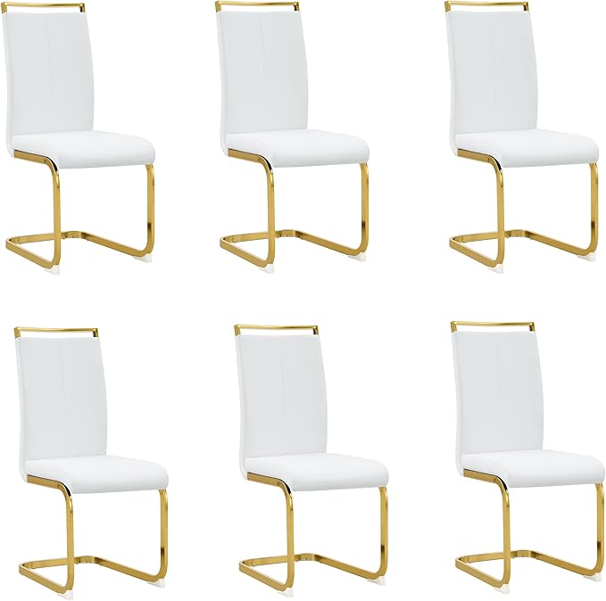 AZmac Modern Leather Dining Chairs Set of 6,Armless Kitchen Chairs,Dining Room Chairs with Upholstered Padded Seat and Sturdy Gold Legs for Dining Room,Kitchen (Set of 6, White-Gold Leg)