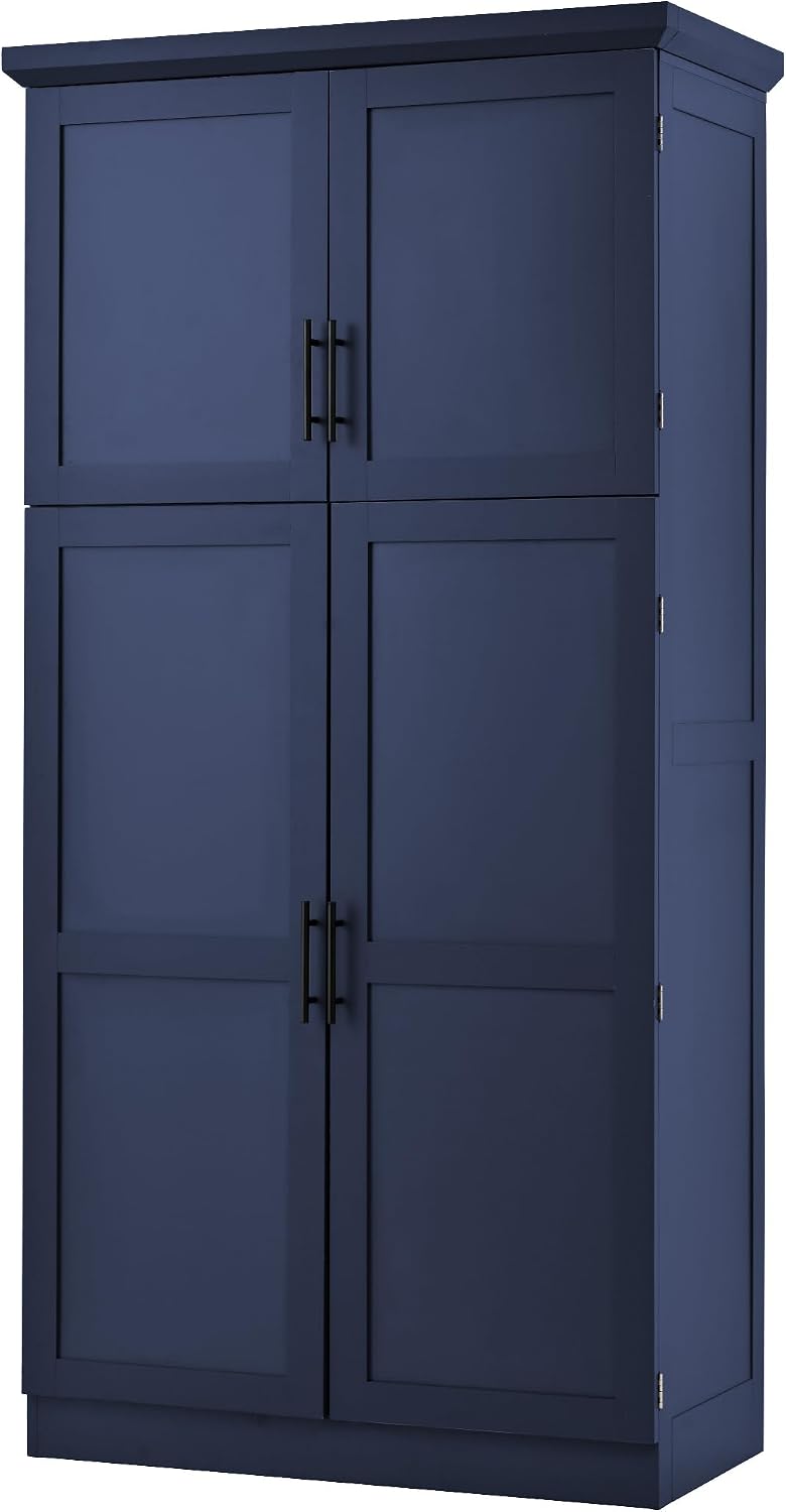 Tall 4 Doors Kitchen Pantry Cabinet with 8 Pull-Out Trays, Freestanding Pantr...