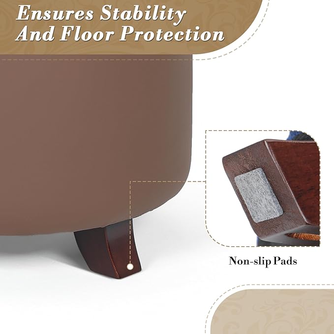 Athena Collection 24.5 Inch Small Ottoman with Storage, Round PU Leather Storage Ottoman Foot Rest with Removable Lid, Multipurpose Footstool Footrest for Livingroom, Bedroom, Dorm, Brown
