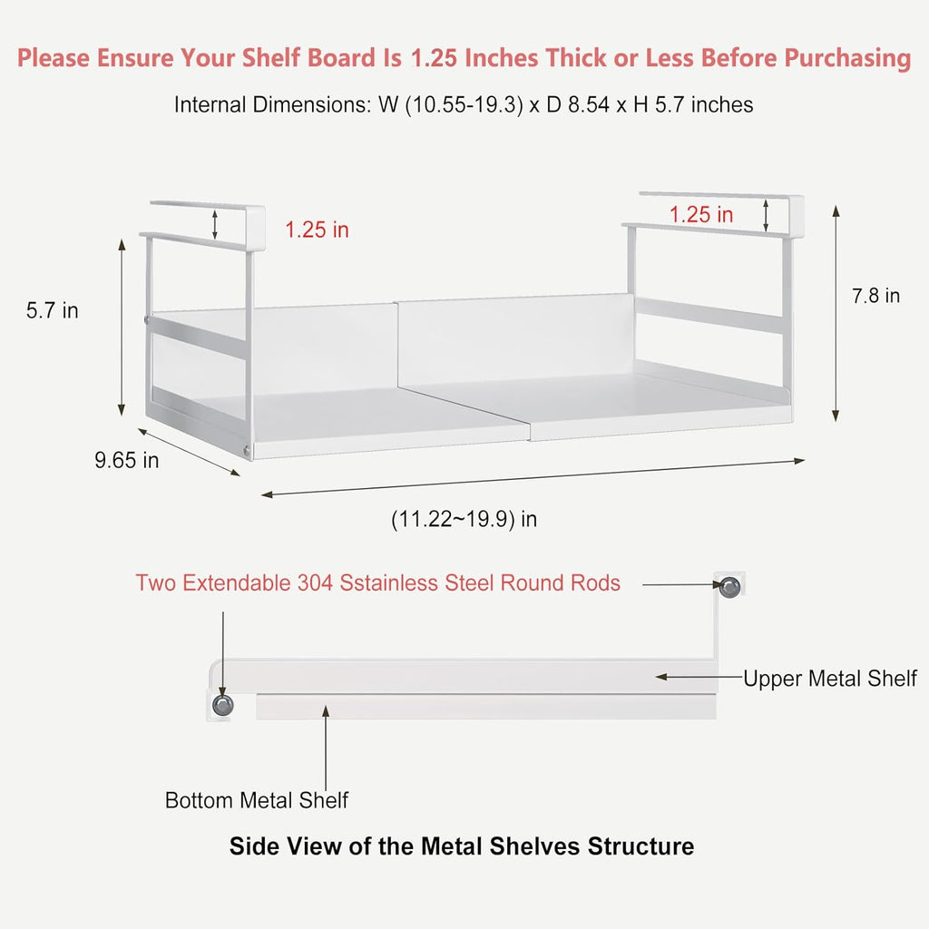 Expandable Under Cabinet Shelf Organizer with 1.25 Inches Thick Clips, Heavy Duty Extendable Under Shelf Storage Basket for Pantry or Laundry Room, White, 2 Pack, Interior: 5.7" H x 8.54" D