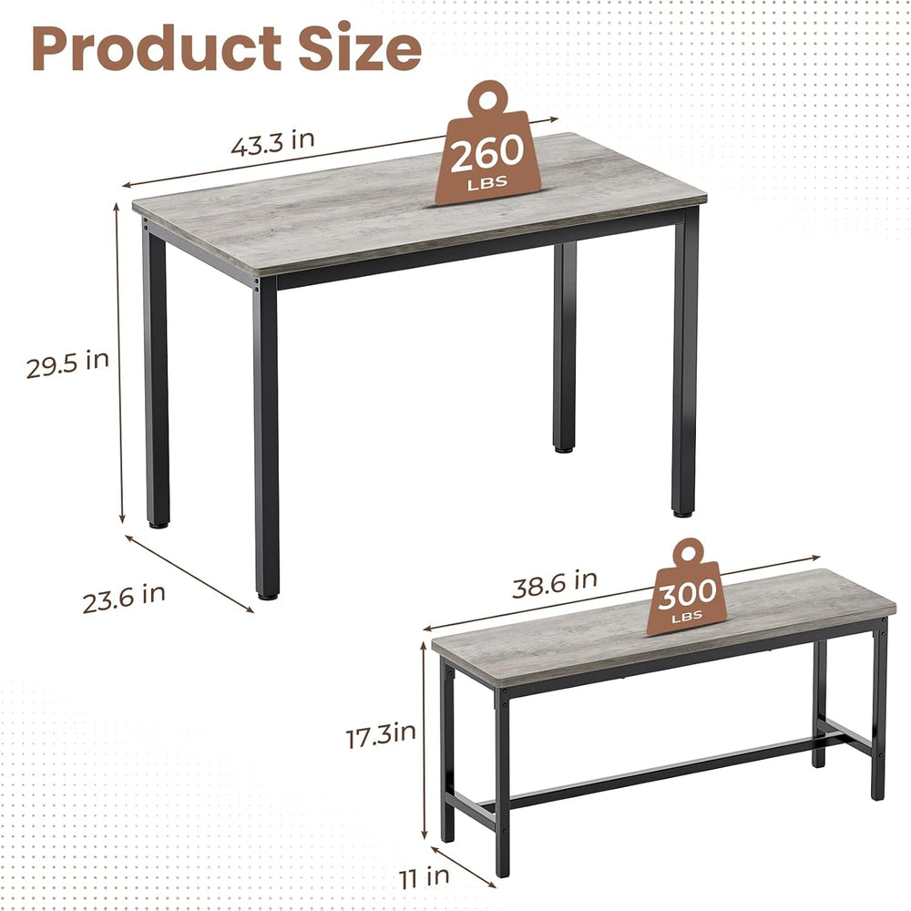 Dining Table Set for 4, Kitchen Table with 2 Benchs, Grey | Modern Functional...