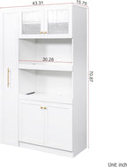 LUMISOL Farmhouse Kitchen Pantry Cabinet with Pull-Out Multi-ttier Storage Shelf, Kitchen Storage Cabinet with 4 Doors, Pantry Organizers for Living Room Dining Room, White