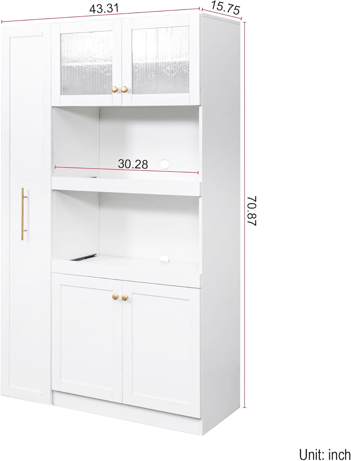 LUMISOL Farmhouse Kitchen Pantry Cabinet with Pull-Out Multi-ttier Storage Shelf, Kitchen Storage Cabinet with 4 Doors, Pantry Organizers for Living Room Dining Room, White