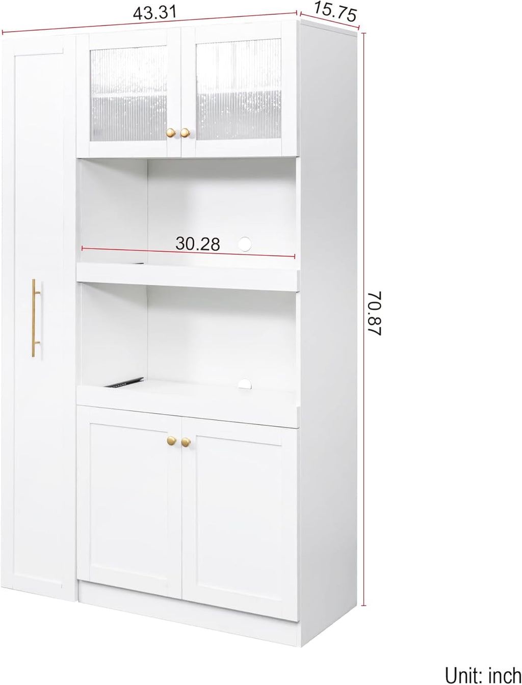Kitchen Pantry Cabinet with 7-Tier Storage Cart, Farmhouse Storage Cabinet with 4 Doors & Pull-Out Shelves, Wood Pantry Hutch Organizer with Microwave Stand & Cable Holes, White