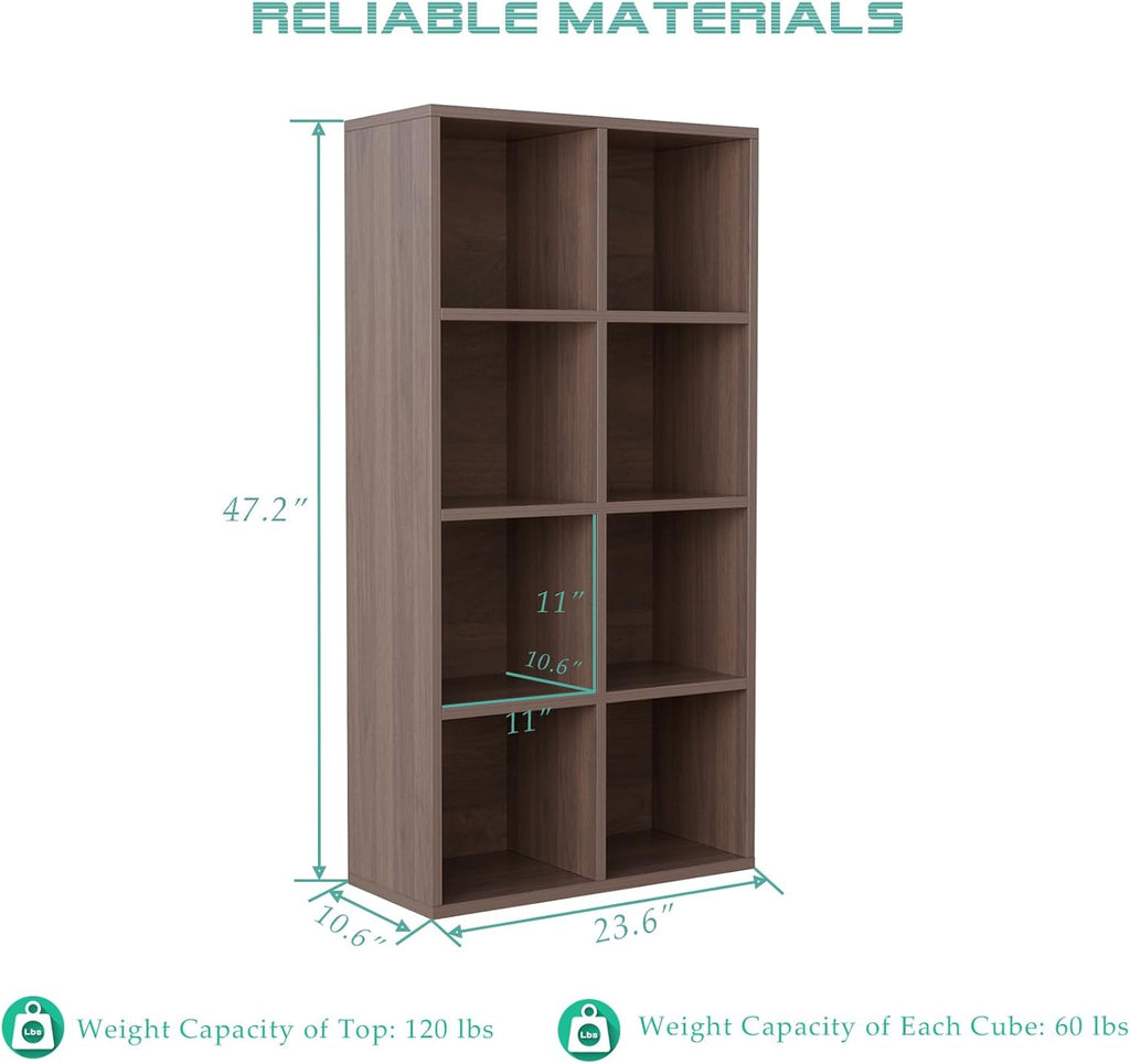 8-Cube Storage Shelf Bookcase - Wooden 4-Tier Floor Standing Open Bookshelf for Home and Office, Cuby Orgainzer, Walnut
