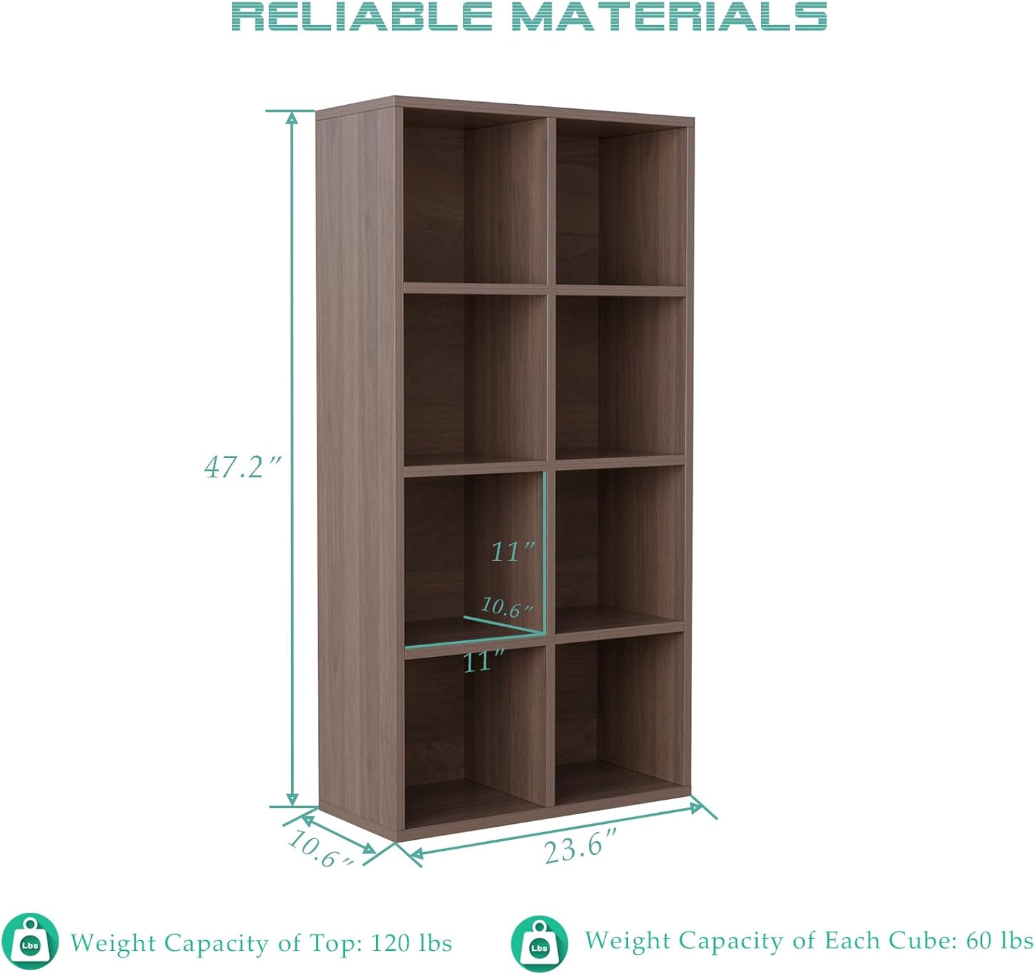 8-Cube Storage Shelf Bookcase - Wooden 4-Tier Floor Standing Open Bookshelf for Home and Office, Cuby Orgainzer, Walnut