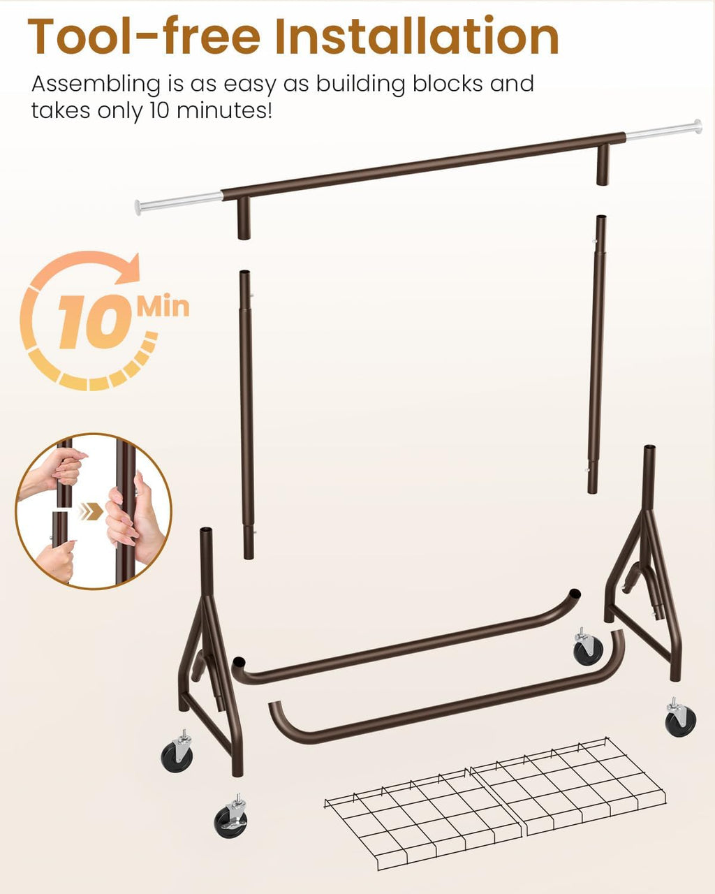 Heavy Duty Clothing Rack, Metal Clothes Rack Load 450 LBS, Rolling Coat Racks for Hanging Clothes with Lockable Wheels, Wardrobe Closet Garment Racks for Bedroom, Brown