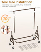 Heavy Duty Clothing Rack, Metal Clothes Rack Load 450 LBS, Rolling Coat Racks for Hanging Clothes with Lockable Wheels, Wardrobe Closet Garment Racks for Bedroom, Brown