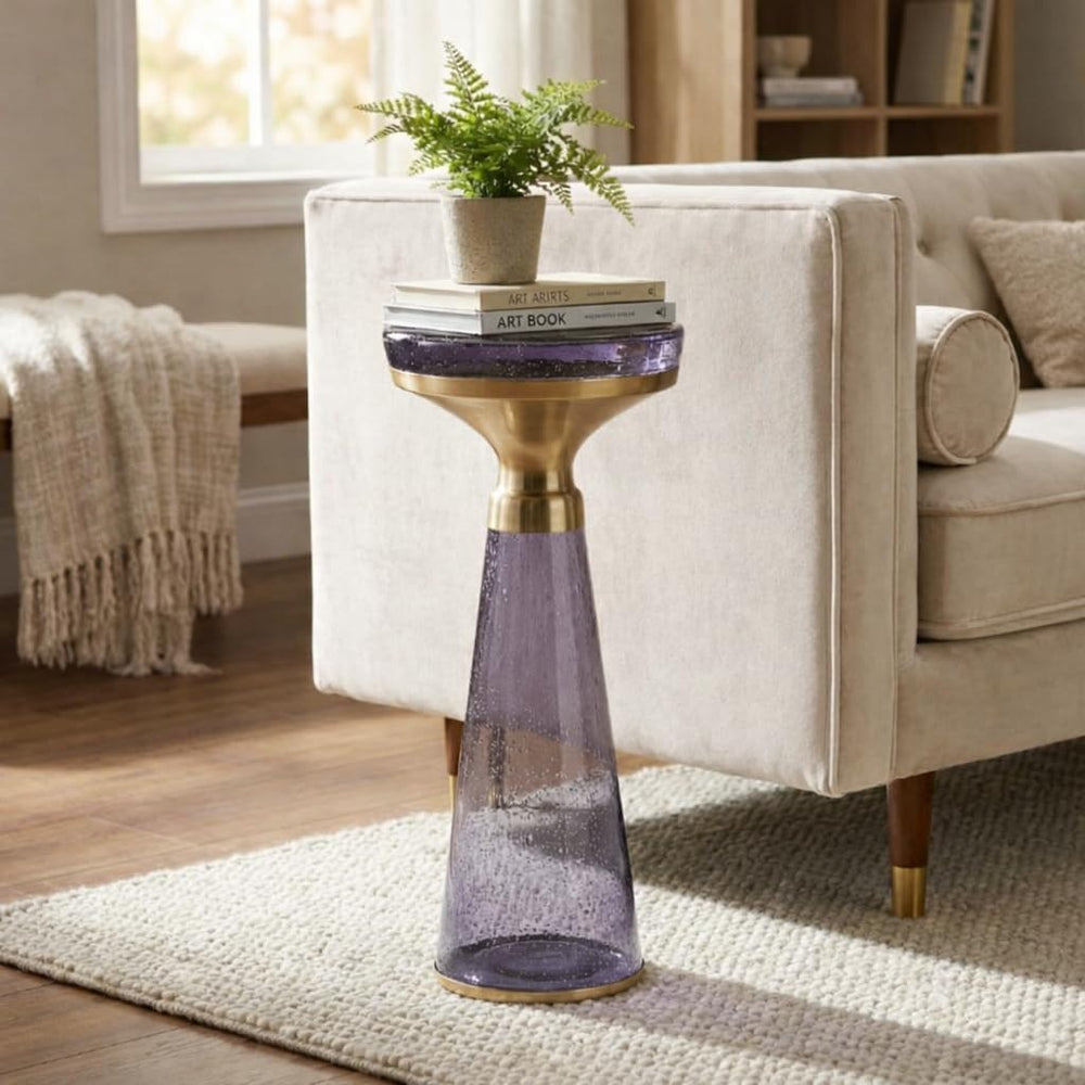 Modern Decorative Round Drink Table with Glass Base and Top with Gold Metal A...