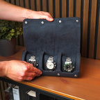 DailyWatch | Personalized Watch Roll Travel Case For 3 Watches - Handmade Genuine Leather Travel Case With Custom Engraving of Name or Initials - Navy Blue Litchi