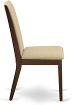 East West Furniture ESLA3-MAH-04 3 Piece Kitchen Table & Chairs Set Contains a Round Dining Room Table with Pedestal and 2 Light Tan Linen Fabric Parsons Chairs, 30x30 Inch, Mahogany