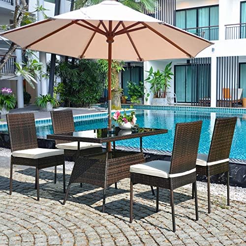 Tangkula 5 Piece Patio Wicker Dining Set, Outdoor Rattan Table and Chairs wit...