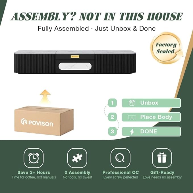 POVISON Fully-Assembled Modern TV Stand for Projector, Sintered Stone Entertainment Center with Storage for 75 inch TV, Wood TV Console, Media Console for Living Room Bedroom