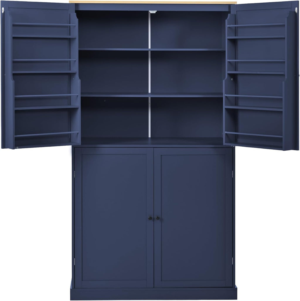 Merax 4 Doors Kitchen Pantry Storage Cabinet with 2 Drawers, 71.3" H Tall Pantry Blue Cupboard Kitchen Hutch with 2 Adjustable Shelves, Floor Spice Cabinet with 8 Door Shelves for Dining Room, Blue