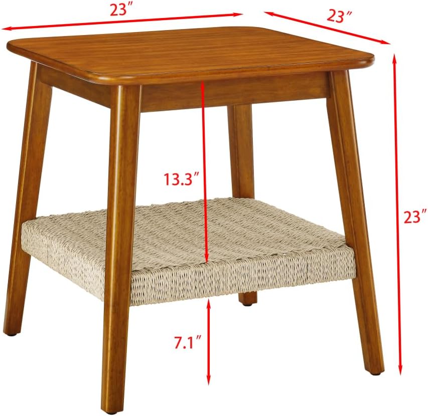 23" Mid-Century Side Table with Woven Shelf and Storage, for Living Room...